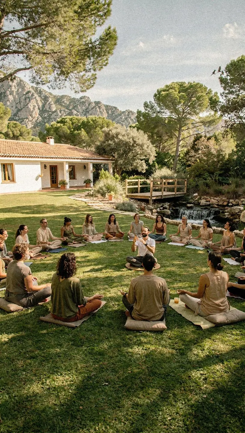 Instructora guiando una clase de yoga al aire libre al atardecer.