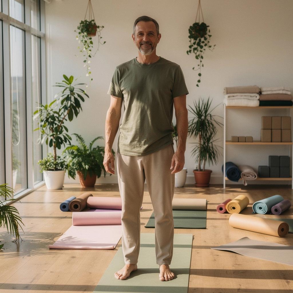 Una persona practicando yoga en un entorno natural, rodeada de árboles y flores.