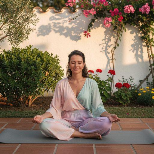 Un grupo de personas meditando en una sala tranquila, con luces suaves y cojines cómodos.