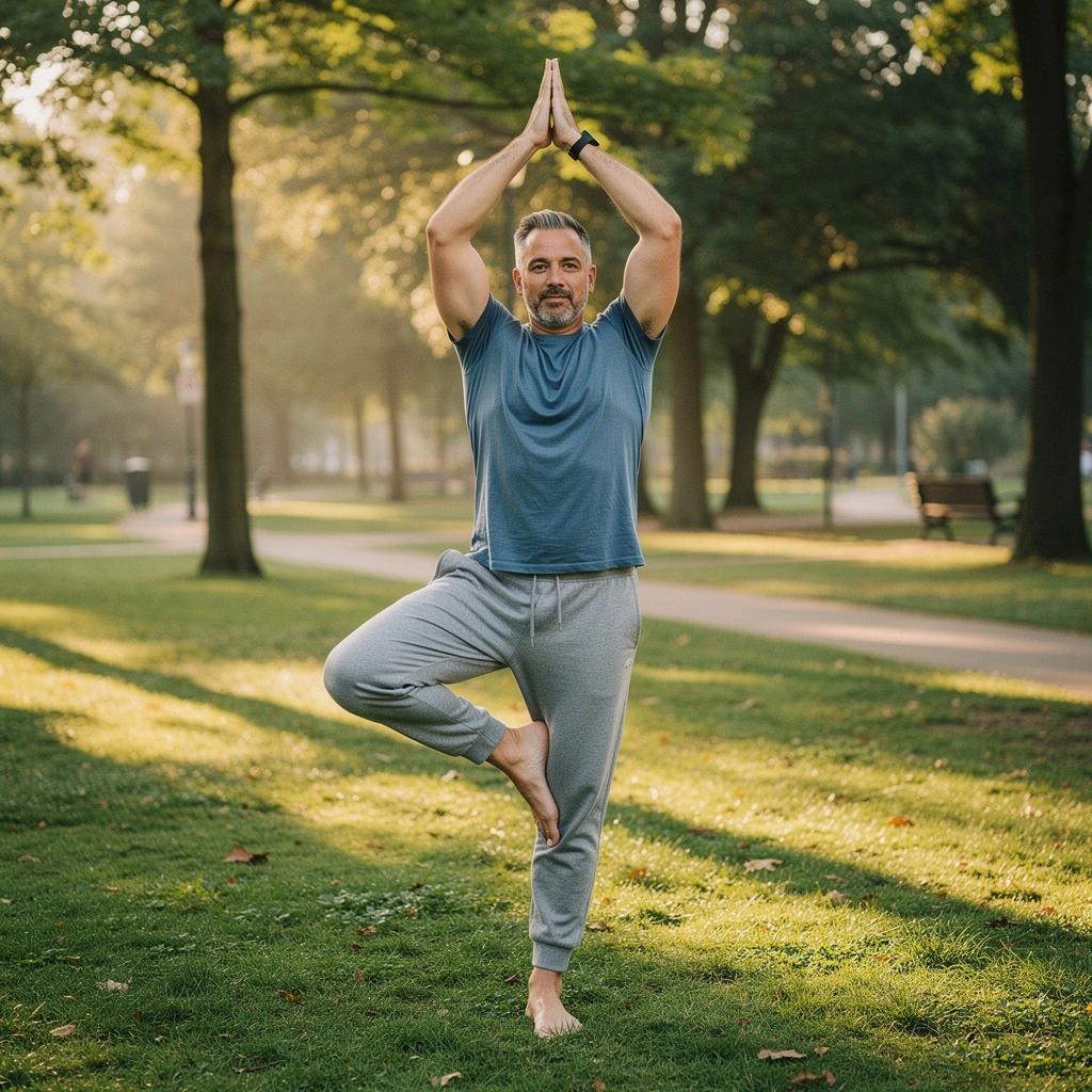 Una mujer realizando una postura de yoga en la playa durante el amanecer, con el mar de fondo.